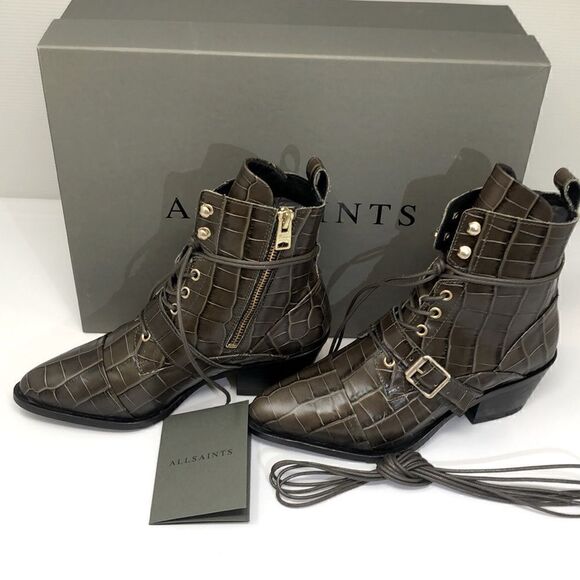 ALLSAINTS Katy Leather Suede Dark Khaki Croc Boot 6M NEW in Box